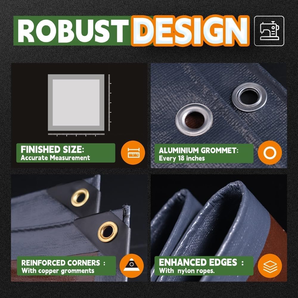 RAINDEWAY 12x30 Feet Super Heavy Duty Tarp 18 Mil, UV Resistant, Weatherproof, Multipurpose Waterproof Poly Tarp with Grommets and Reinforced Edges, Brown/Gray Tarps