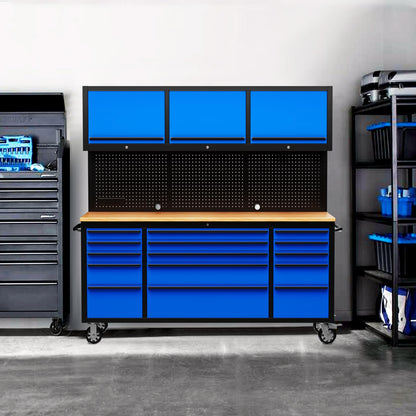 CHETTO C 72 inch Tool Chest Tool Box Mobile 15 Drawer Storage 3 Upper Cabinet Power Outlet SS-Pegboard with Wheels Lock Key Locking System Drawer Liners for Garage Warehouse Repair Shop