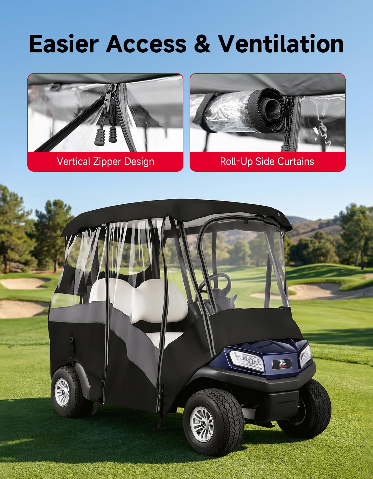KEMIMOTO 2 Passenger Golf Cart Enclosure, Universal 2 Seat Golf Cart Rain Cover with Clear TPU Windshield, 600D Waterproof Weather Enclosure, Compatible with EZGO, Club Car