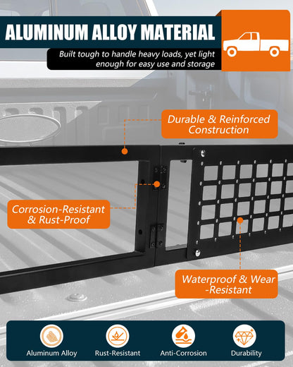 NORTHYUN Adjustable Truck Bed Divider 47–67 in, Foldable Aluminum Cargo Organizer with MOLLE Panel No-Drill Installation Fits Most Pickup Beds