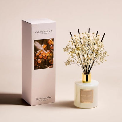 COCORRÍNA Reed Diffuser - Moroccan Amber 6.7 Fl. Oz Set with Sticks & Preserved Baby's Breath | Home Decor