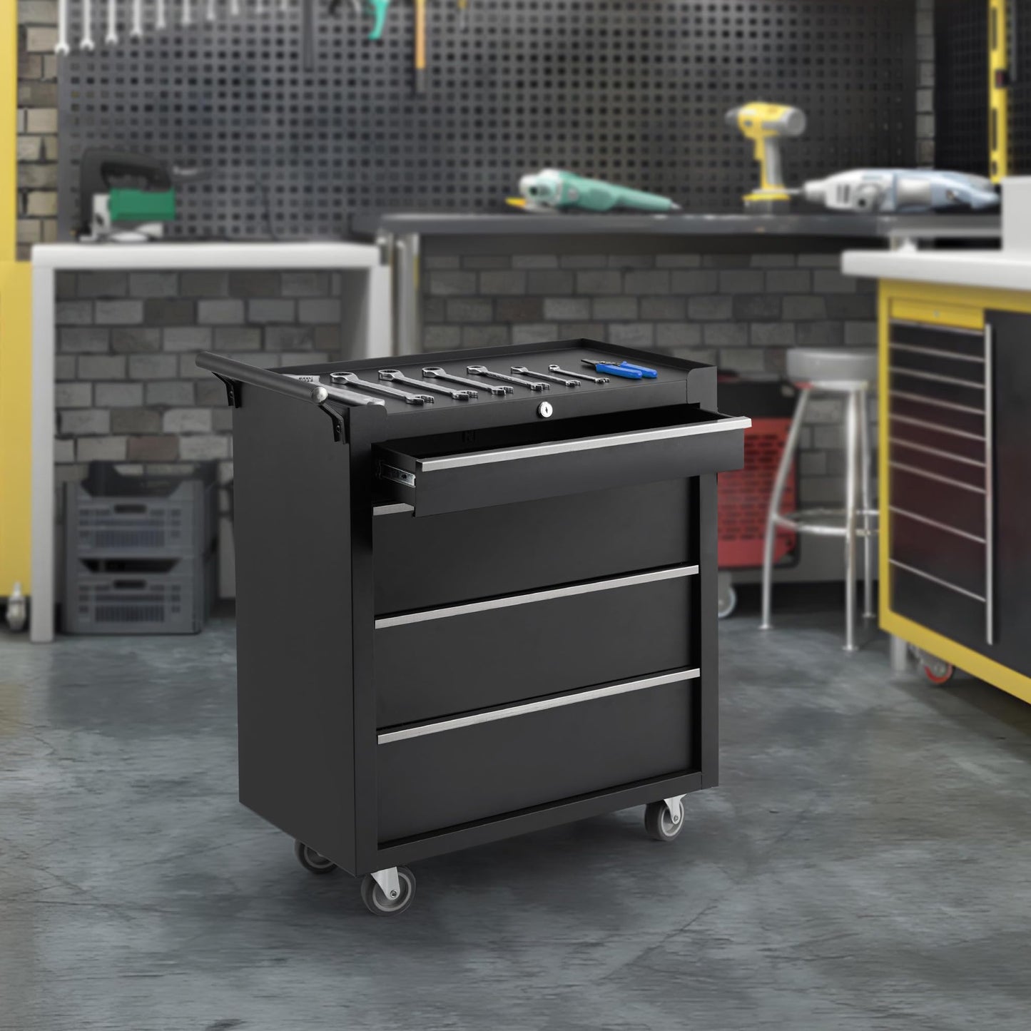 Rolling Tool Chest with Wheels, 4 Drawer Tool Storage Cabinet, Portable Toolbox Organizer with Lock, Heavy Duty Tool Chest Cart for Garage, Mechanic, Workshop, Shop, Mobile Tool Organizer, Black