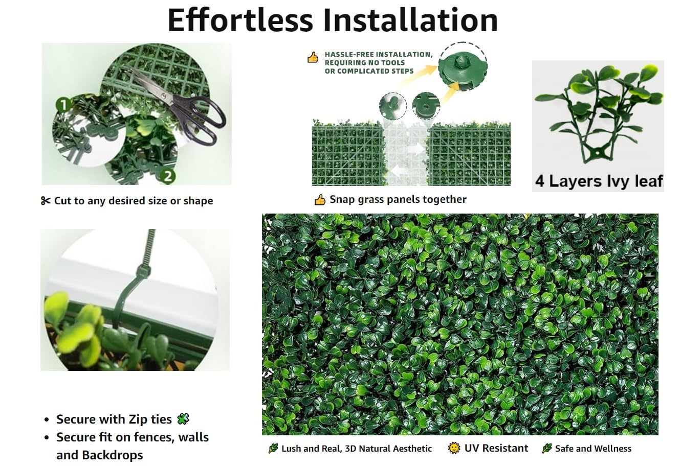 Artificial Boxwood Roll Grass Wall Panels, Greenery Outdoor 40"x120" (33.33 Sqft) UV-Anti Fake Ivy Privacy Fence Screen for Patio, Balcony, Garden, Backyard, and Fence Decor-Includes 5 PCS 79" Vines