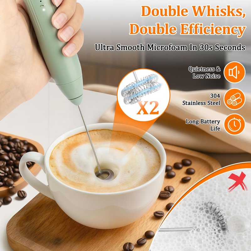 TonJin Frother Wand Rechargeable USB-C Milk Frother Handheld Mixer Electric with 2 Whisk Heads, 3 Speeds Adjustable Coffee Drink Mixer for Lattes, Matcha, Hot Chocolate, Egg, Matcha(Green)