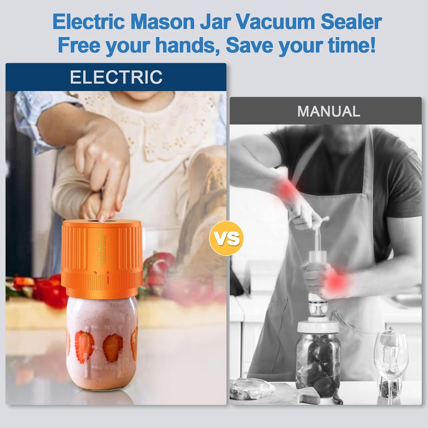 LOVE MOMENT Electric Mason Jar Vacuum Sealer Kit - Versatile for Wide & Regular Mouth Jars - Orange