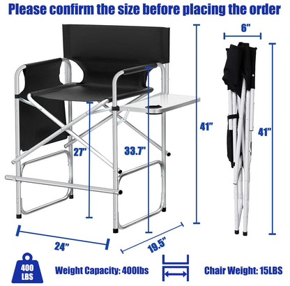 BRLJUNEO Makeup Artist Chair, 41'' Foldable Tall Directors Chairs w/Side Table Cup Holder Storage Bag and Footrest, Portable Makeup Chair, 400LBS Load Capacity, Black