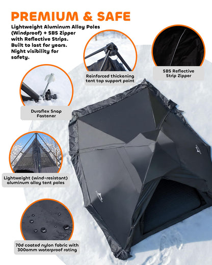 Teepee Camping Tent, 4-6 Person with Snow Skirt, Quick Setup 4 Season Double Layer Waterproof Anti-UV Windproof, for Family Outdoor, Hunting, Backpacking & Hiking, Heavy Duty All-Weather Shelter