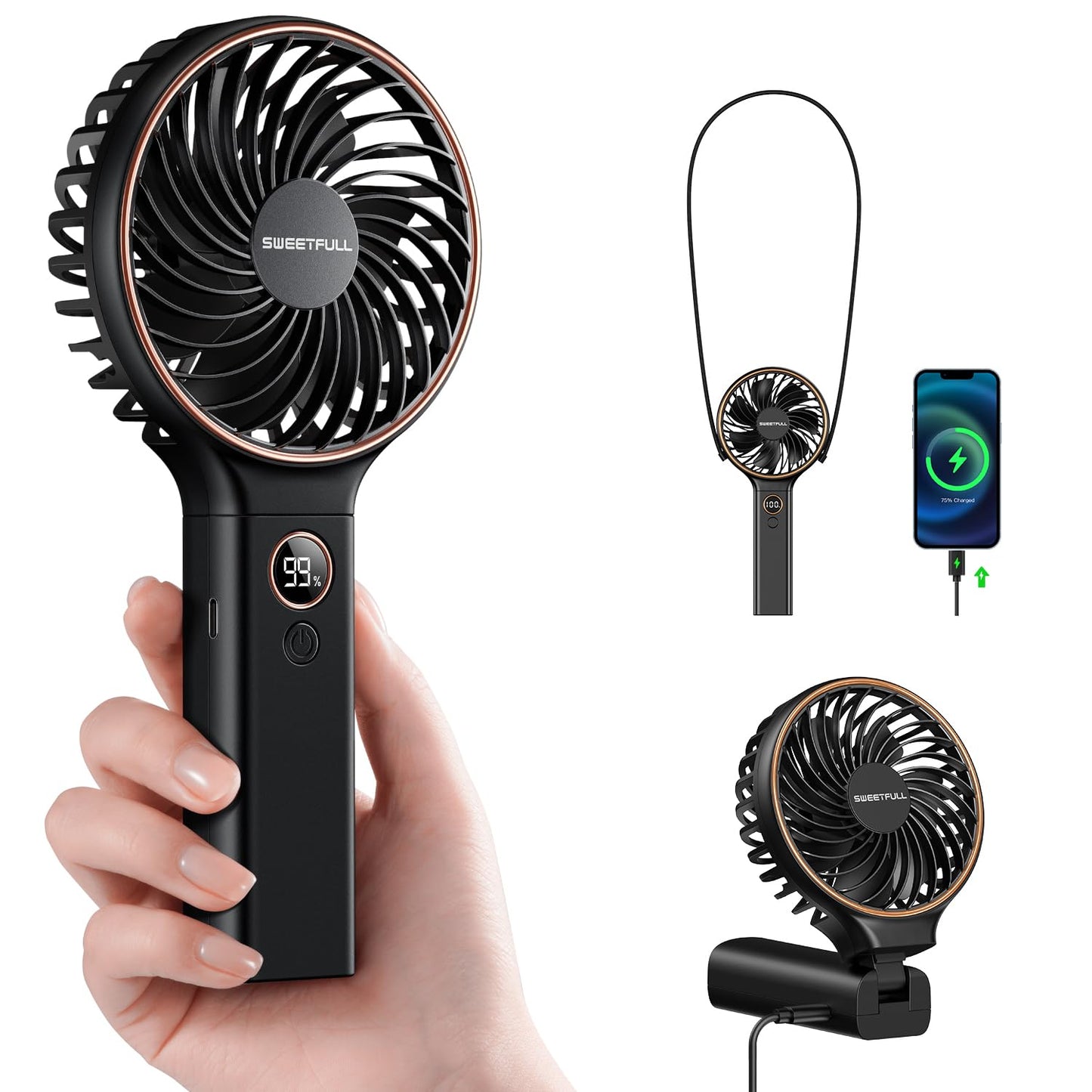 SWEETFULL Handheld Portable Fan, 5000mAh Rechargeable Battery, 6 Speed Wind, LED Digital Display, Foldable Electric Personal Mini Travel Fan with Backup Power, Summer Essentials Gifts for Women Girl