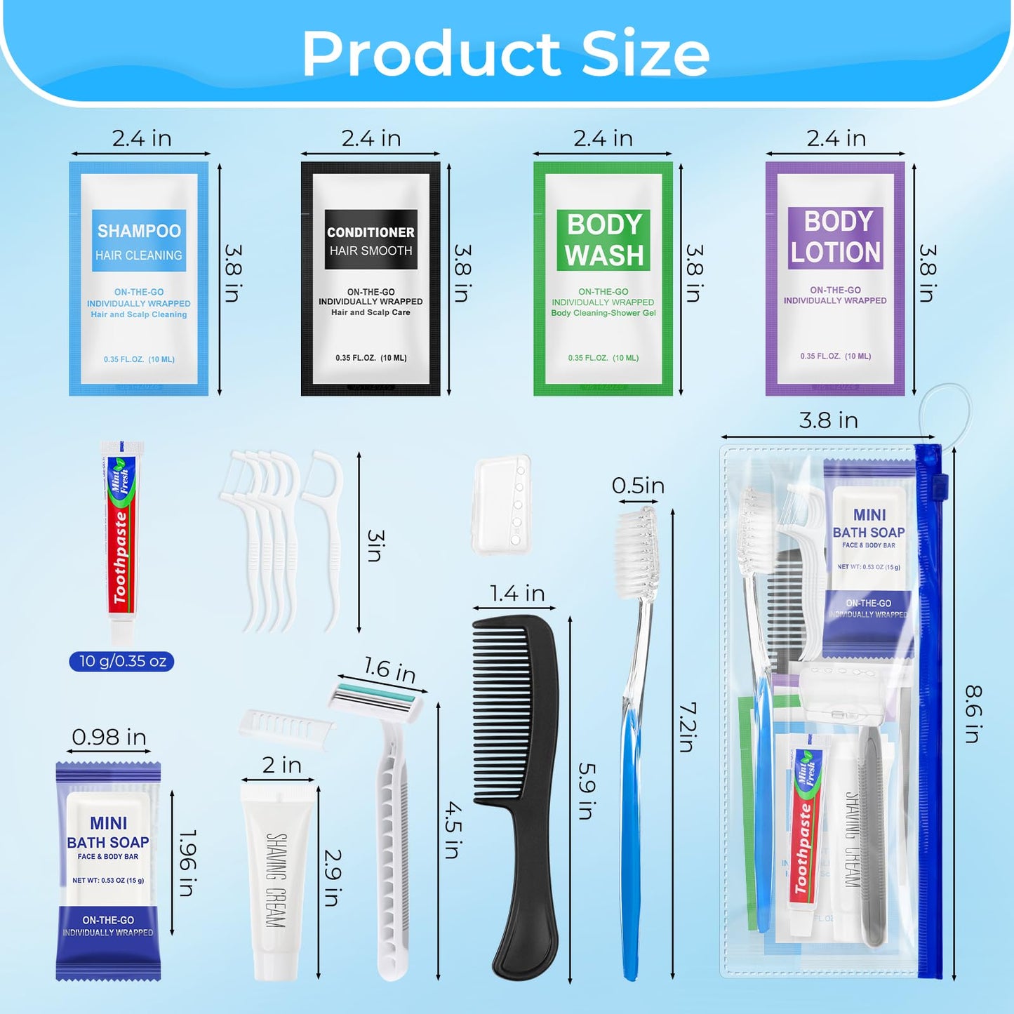 Xuezoioy Personal Hygiene Kit Bulk Pack of 100,Individually Wrapped 13-IN-1 Blue Disposable Basic Travel Toiletry Set Homeless Care Package Supplies for Men,Women,Guests,Charity