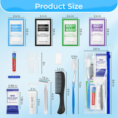 Xuezoioy Personal Hygiene Kit Bulk Pack of 100,Individually Wrapped 13-IN-1 Blue Disposable Basic Travel Toiletry Set Homeless Care Package Supplies for Men,Women,Guests,Charity