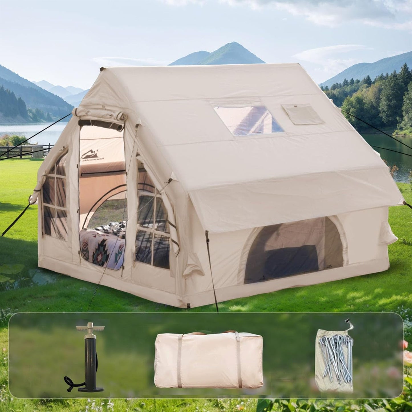 Romantic Camp Inflatable Camping Tent with Pump,4-6 Person Waterproof Blow Up Air Tent for Camping Hiking,Easy to Set Up 4-Season Inflatable House Tent with Oversized Canopy(75FT²).
