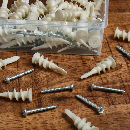 KURUI #8 Self Drilling Drywall Anchors with Screws Kit, Heavy Duty Dry Wall Anchors for Hanging Sheetrock, 50 Self-Tapping Plastic Drywall Hangers 50 Sheet Rock Screws, 100PCs Mounting Hardware -75LB