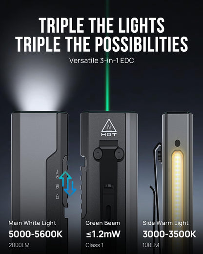 SCOUTLITE Vario GB 2000 EDC Flashlight with Green Beam, White and Warm LED Combo, 2000 Lumens Compact Magnetic Flat Pocket Lights, Triple Sources for Ourdoor Camping Inspection Emergency Work (Black)