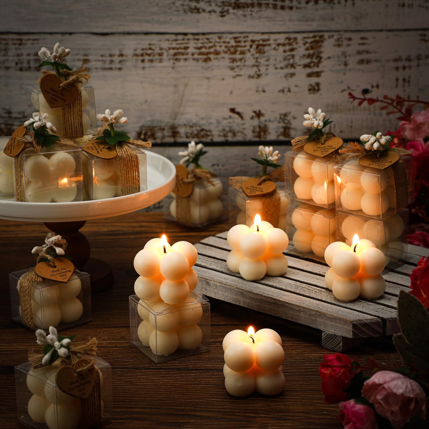 MTLEE Mini Bubble Candles Wedding Favors Gifts for Guests 1.57" x 1.38" Bubble Candles with Cards Dried Flowers DIY Gift Set for Baptism Party Bridal Shower Thank You Gifts(Ivory,30 Sets)