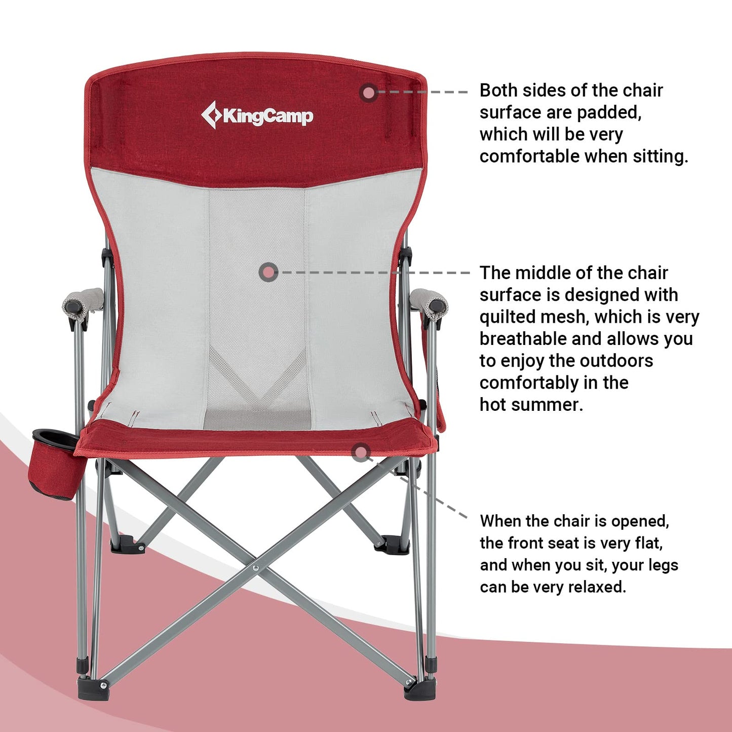 KingCamp 2 Pack Camping Chair for Adults with Arm Rest and Cup Holder Portable Camping Chair Support 300LBS Heavy Duty Folding Camp Chair for Lawn Outdoor Sports Travel (Red&Gray)