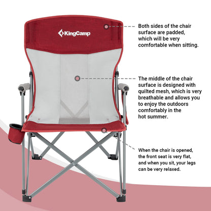 KingCamp 2 Pack Camping Chair for Adults with Arm Rest and Cup Holder Portable Camping Chair Support 300LBS Heavy Duty Folding Camp Chair for Lawn Outdoor Sports Travel (Red&Gray)