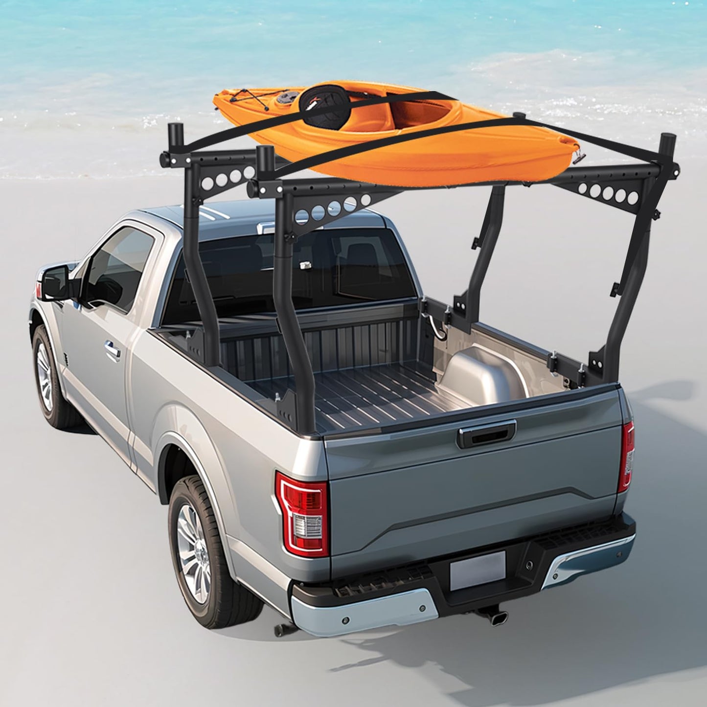 Adjustable Steel Truck Ladder Rack, 1000 Lbs Capacity, 52"-82" Crossbar, Universal Pickup Bed Rack for Kayak, Lumber, Ladder, Tent, Surfboard – No Drilling Required