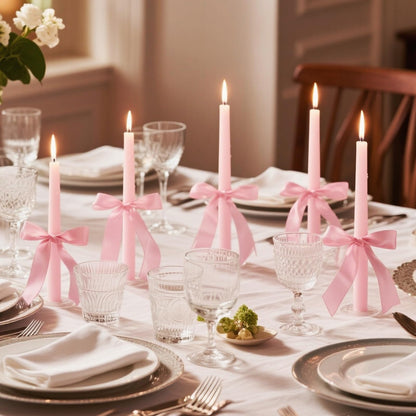 MTLEE 24 Pcs Taper Candles Bow Candle with 72 Ft Ribbons Bows Unscented and Smokeless 0.87 x 10 Inch Tall Candlesticks with Cotton Wick Long Burning for Wedding Dinner Coquette Holiday Party(Pink)