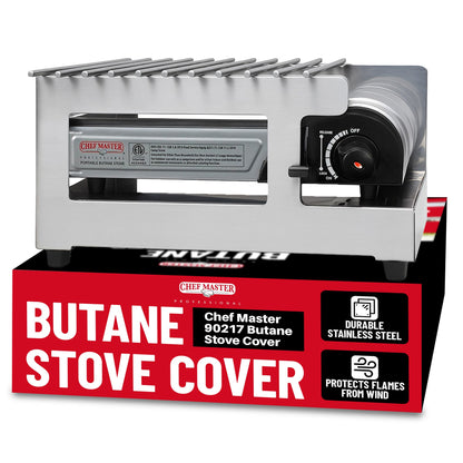 Chef Master Butane Stove Cover - Premium Stainless Steel Universal Fit - Any Standard Size Camping Stove - Portable Screen & Camping Wind Blocker - Camp Essentials for Outdoor & Indoor Cooking 90217