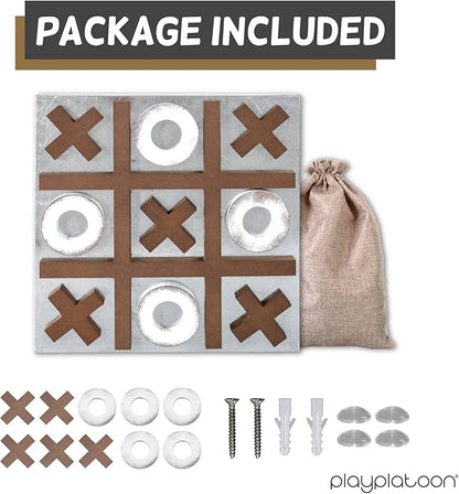 Play Platoon Magnetic Tic Tac Toe Game - Large Metal and Wooden Wall Mounted Board Games - 13.5 Inch Table Top or Wall Mounted Farmhouse Rustic for Game Room - Barnwood