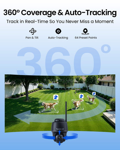 REOLINK 4K Solar Security Cameras Wireless Outdoor, 360° Pan Tilt, 8MP Color Night Vision, 2.4/5 GHz Wi-Fi 6, No Monthly Fee, Home Hub Compatible, Argus PT 4K+ 3W Solar Panel (Black)