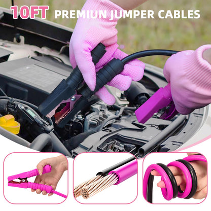 Roadside Emergency Car Kit for Vehicles, Pink Car First Aid Kit Emergency Kit with Jumper Cables, Car Safety Kits, Tow Strap, Tool Kit, Road Trip Assistance for Men, Women, New Driver Gifts