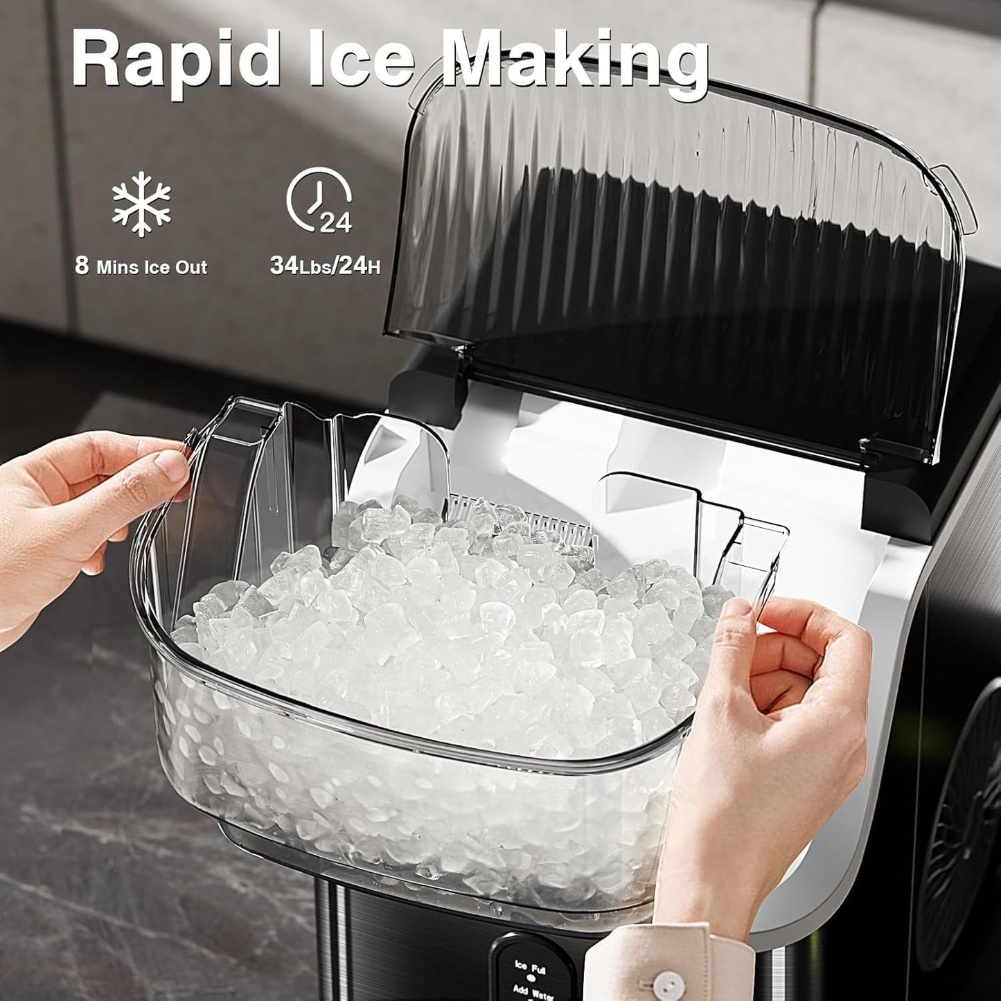 Antarctic Star Nugget Ice Makers Countertop, Portable Ice Machine with Ice Scoop & Basket, 34Lbs/24H, Self-Cleaning, One Click Operation for Camping/RV/Party (Stainless Steel Black)