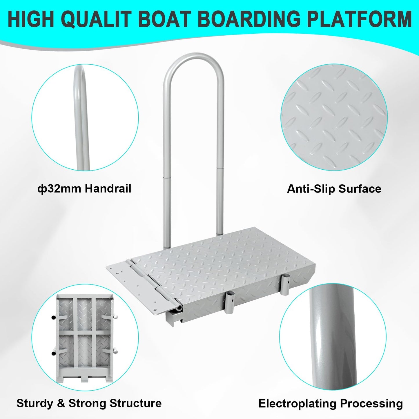HomiShare Boat Boarding Platform with Handrail, Dock Extension Step with Safety Grab Bar, Folding Dock Boarding Platform for Marina, Dock, Deck, Boat, Silver