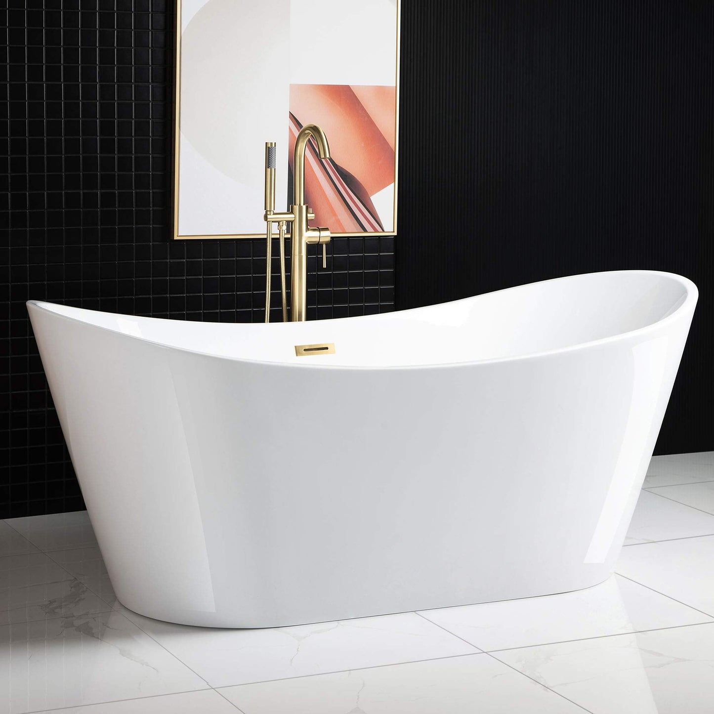 WOODBRIDGE 71"Freestanding White Acylic Soaking Bathtub with Brushed Gold Drain and Overflow,BTA1517 -BG-Drain &O