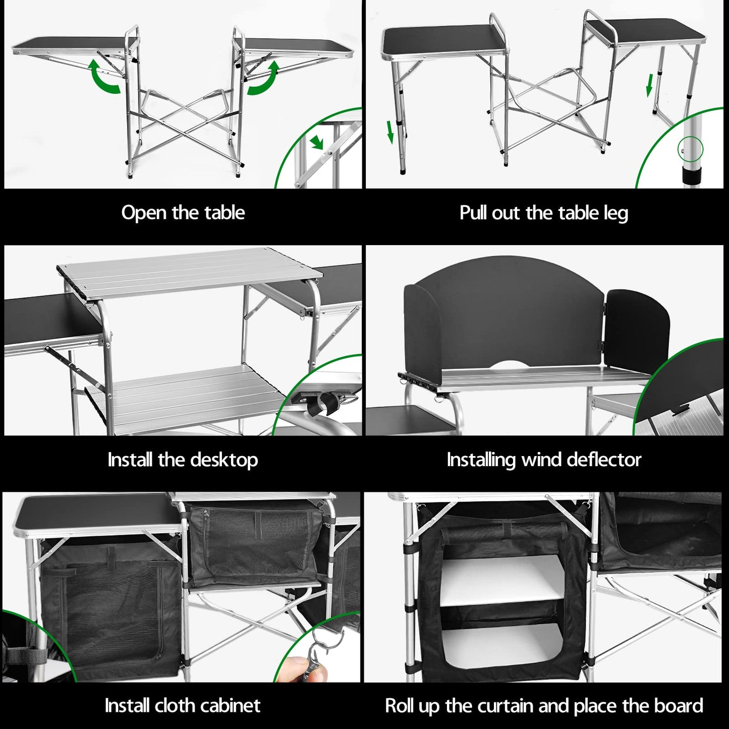 CampLand Folding Camping Kitchen Table with Windscreen,Portable Outdoor Cooking Station with Storage Cabinet & Side Tables Heavy Duty Camp Cook Station for Camping & BBQ (Black3cabinet)