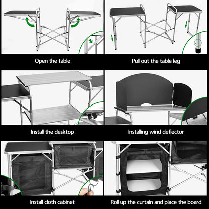 CampLand Folding Camping Kitchen Table with Windscreen,Portable Outdoor Cooking Station with Storage Cabinet & Side Tables Heavy Duty Camp Cook Station for Camping & BBQ (Black3cabinet)