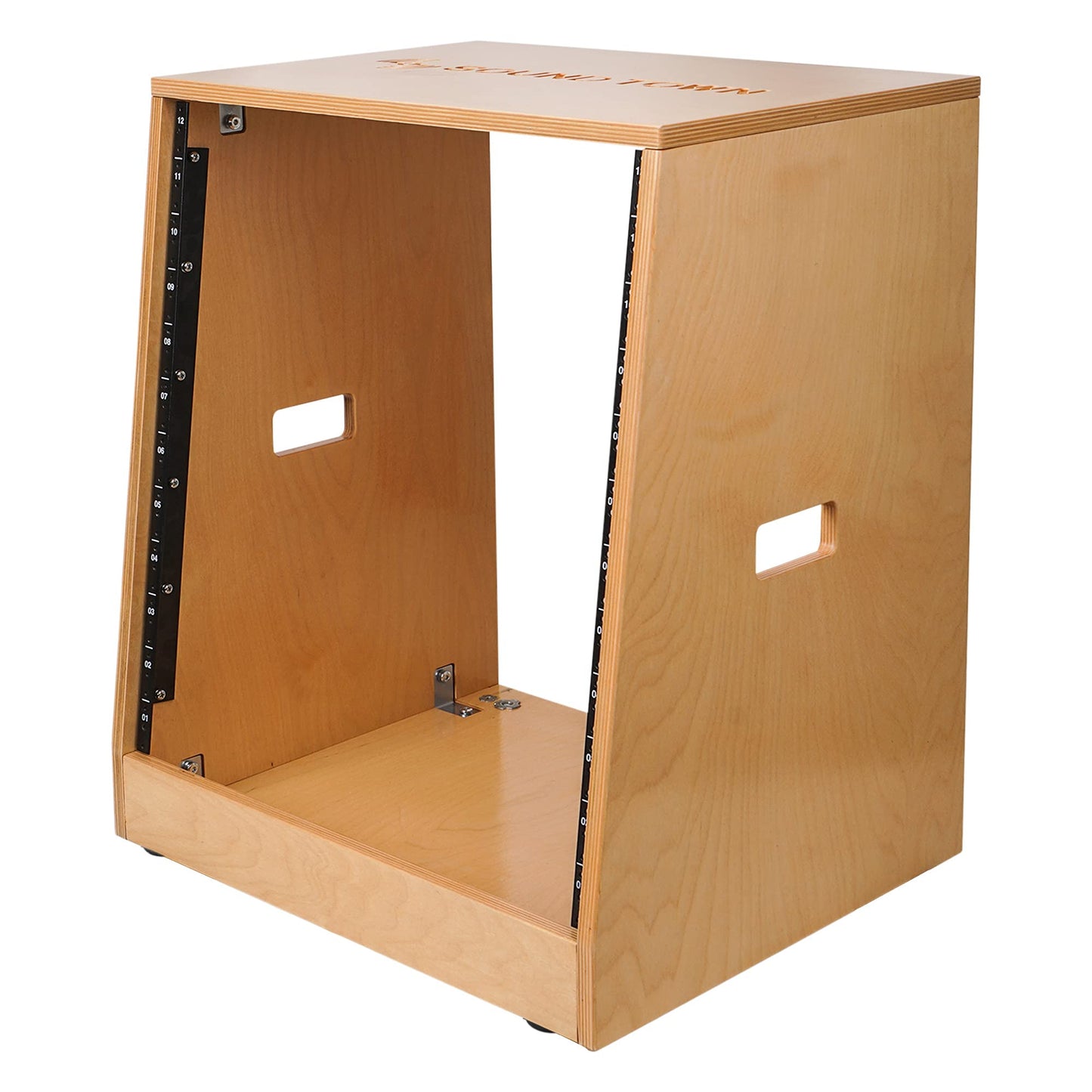 Sound Town DIY Solid Baltic Birch Plywood Slanted 12U Studio Rack, Golden Oak, Rubber Feet, Casters (SDRK-12T)
