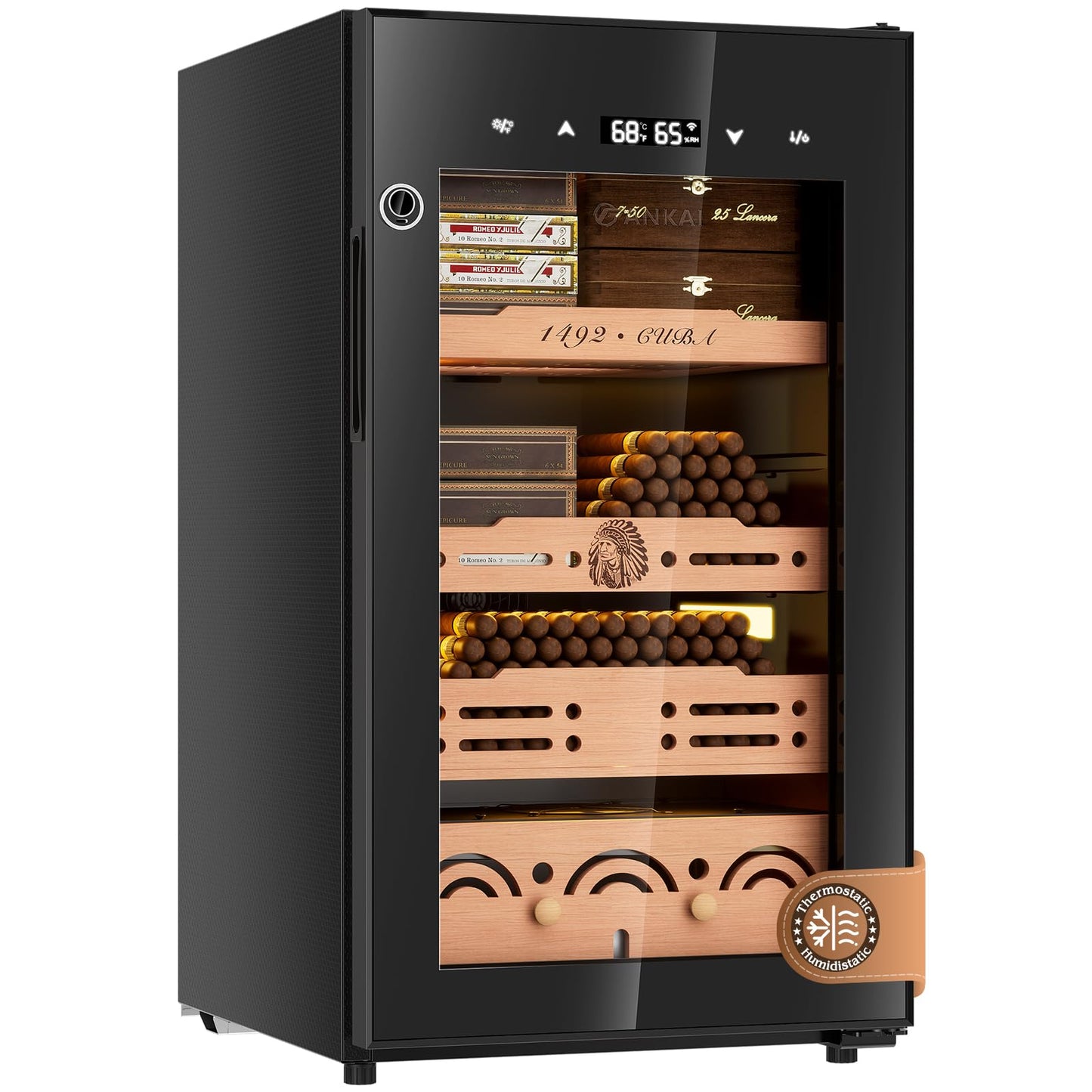 Electric Cigar Humidor Cabinet up to 600 Cigars, Temperature & Humidity Control System-75L Cooling Fridge with Cedar Wood Shelves Digital LED Screen Fingerprint Safety Lock Home & Commercial Use