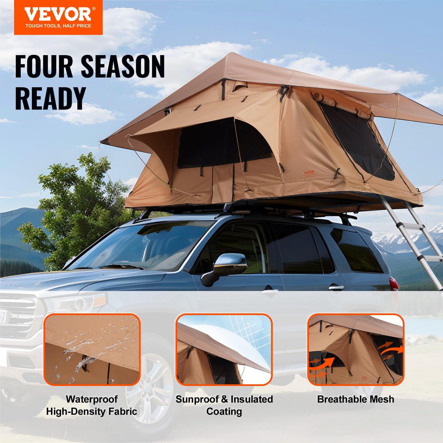 VEVOR Rooftop Tent Hard Shell, Roof Top Tents for Car SUV Truck Jeep Van Camping, Rooftent with Telescopic Ladder Thick Mattress & LED Strip Light, 2-3 Person Family Camping Tent