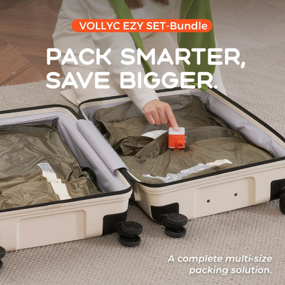 VOLLYC 4 IN 1 Vacuum Travel Bags with Wireless Pump, Compression Packing Bags for Luggage & Carry-On, Waterproof Anti-Tear Nylon, Stores 50+ Clothes, TSA-Ready Travel Essentials