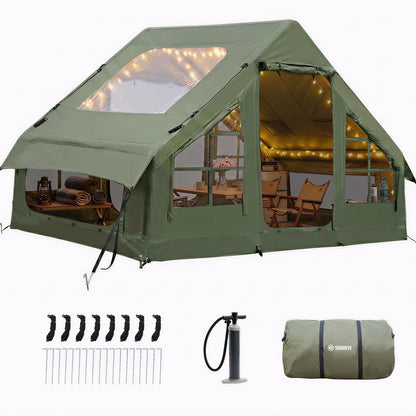 Inflatable Tents for Camping - Blow Up Tent with Stove Jack and Pump, Hot Cabin Tent House Easy Setup 4 Season Waterproof Oxford Glamping Air Tents for Adult 2/3/4 Person