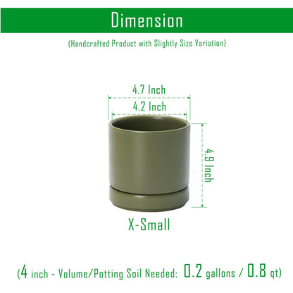 D'vine Dev Set of 4 Small Ceramic Plant Pots, 4.7 Inch Succulent Planter Pot for Plants with Drainage Hole and Saucer, Olive, 94-X-B-0