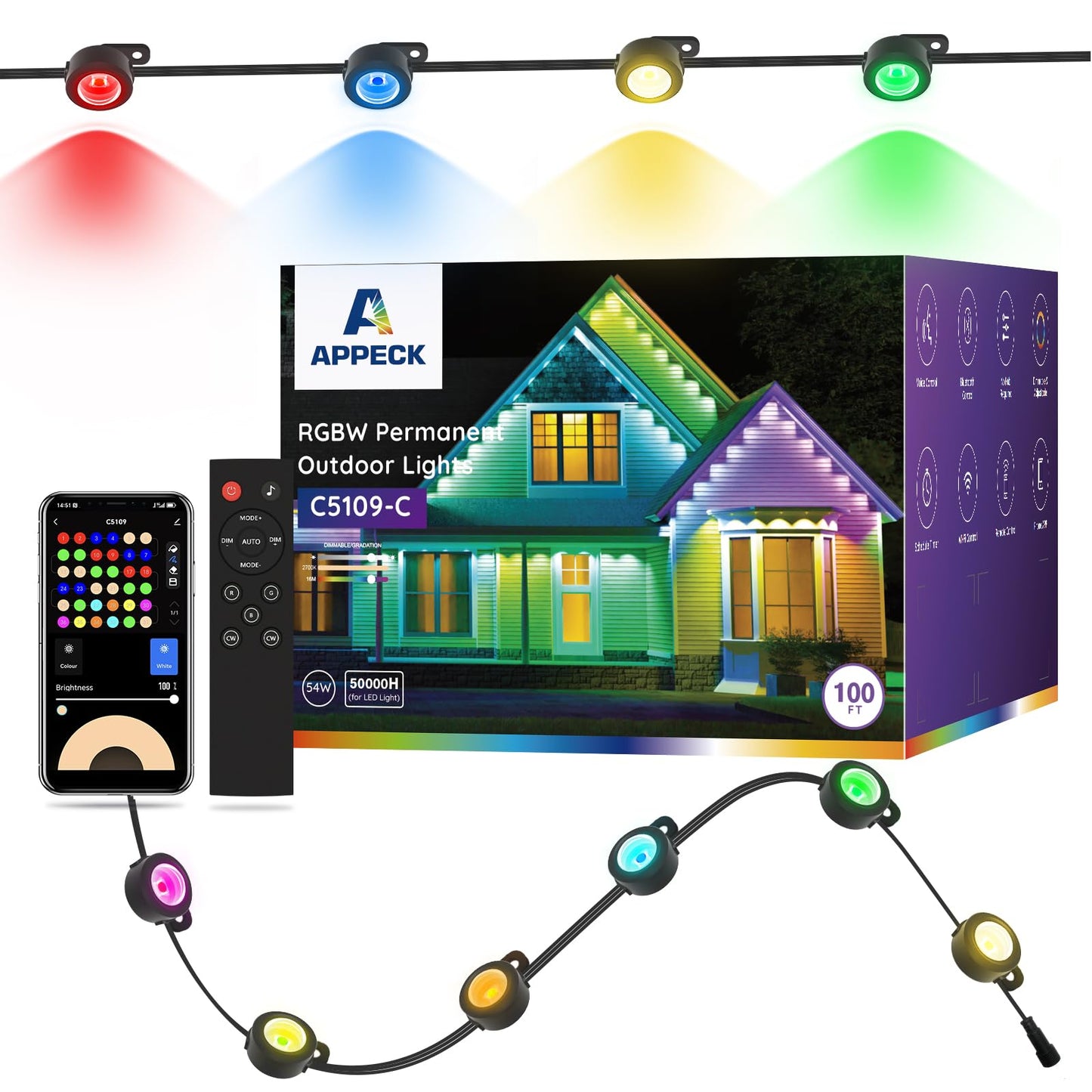 APPECK Permanent Outdoor Lights 100ft with 72 LEDs, DIY Scene Modes, Smart RGBW String Lights Waterproof, App/Remote Control for Easter, Holiday, Alexa/Google Assistant Compatible, Black