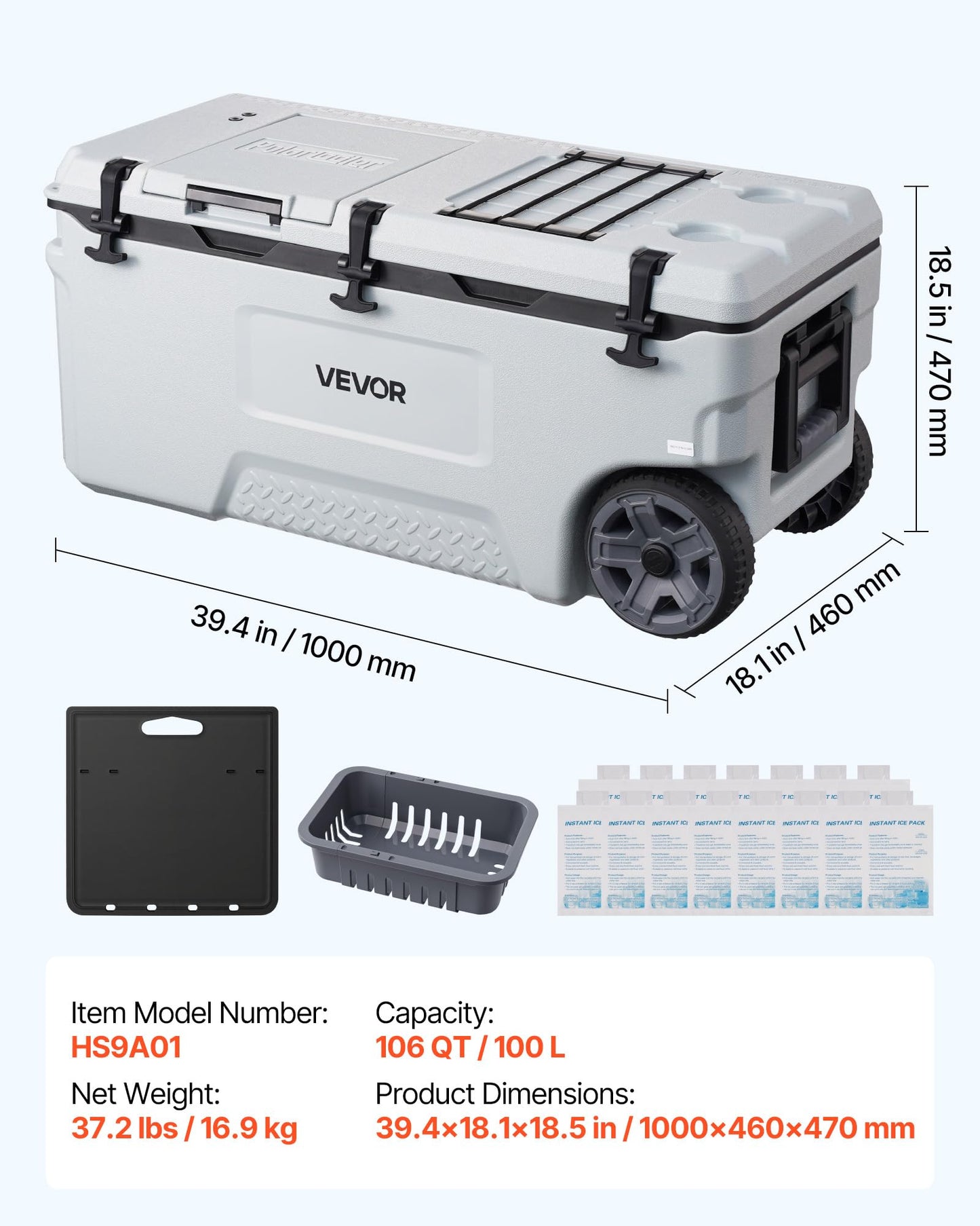 VEVOR Hard Cooler, 106QT Portable Rolling Cooler with Wheels, Leak-Resistant Coolbox Keeps Contents Cool for 48 Hours, Ice Retention Insulated Chests, Ultra-Light for Outdoor Picnics, Grill, Camping