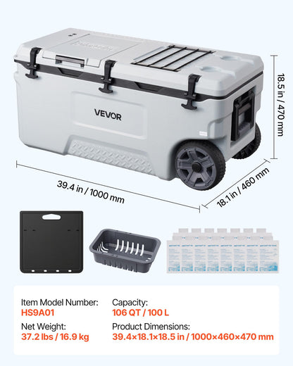 VEVOR Hard Cooler, 106QT Portable Rolling Cooler with Wheels, Leak-Resistant Coolbox Keeps Contents Cool for 48 Hours, Ice Retention Insulated Chests, Ultra-Light for Outdoor Picnics, Grill, Camping