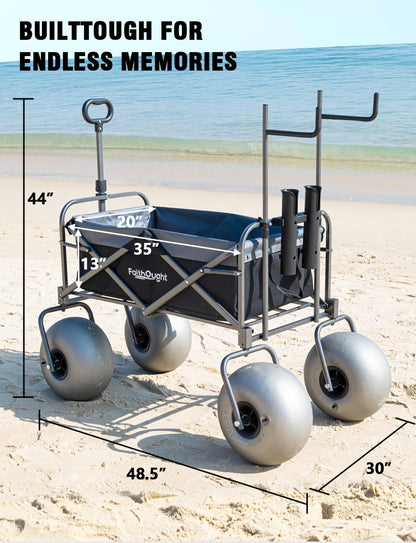 13" Balloon Bubble Wheel Beach Cart Collapsible Wagon with Big Fat All Terrain Inflatable Air Tire, Large Outdoor Wagon & Fishing Cart with Balloon Tire, Dolly with Big Wheels for Sand Camping (Blue)
