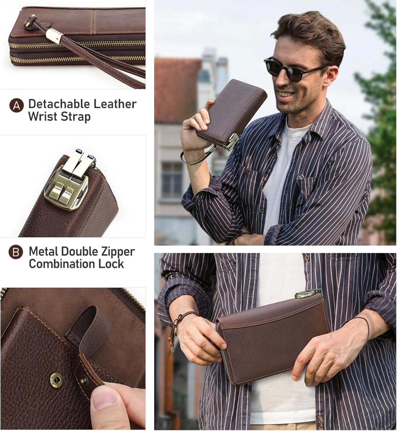 Men's Full Grain Leather Travel Passport Wallet Large Capacity Wristlet Clutch Phone Organizer Purse (Coffee)