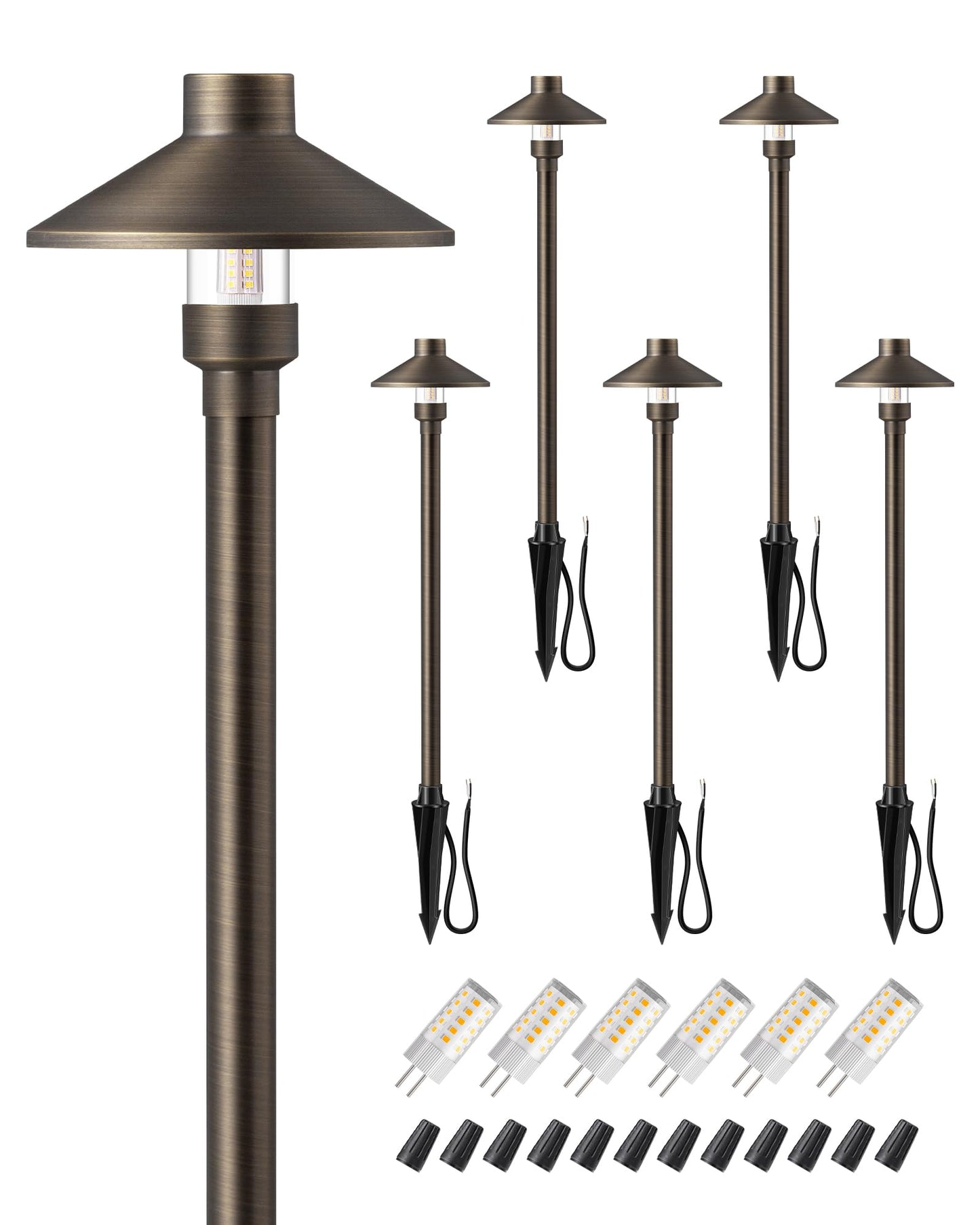 EDISHINE Solid Brass Low Voltage Landscape Lighting, 22" Tall 6" Shade with G4 Bulbs, 12V 350LM 3000K Heavy Duty Outdoor Landscape Path Light, Waterproof Bronze LED Pathway Lights Wired, 6 Pack