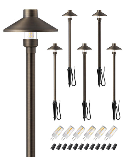 EDISHINE Solid Brass Low Voltage Landscape Lighting, 22" Tall 6" Shade with G4 Bulbs, 12V 350LM 3000K Heavy Duty Outdoor Landscape Path Light, Waterproof Bronze LED Pathway Lights Wired, 6 Pack