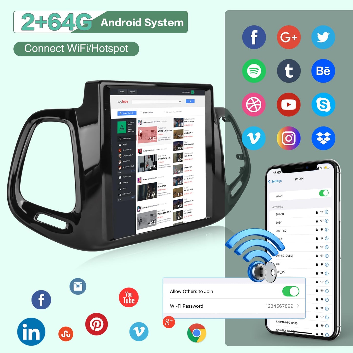 2G+64G 9.7 inch Screen for Jeep Compass Radio 2017 2018 2019, Android Touch Screen Compass Car Stereo, Carplay/Android Auto/Bluetooth/EQ Audio/SWC