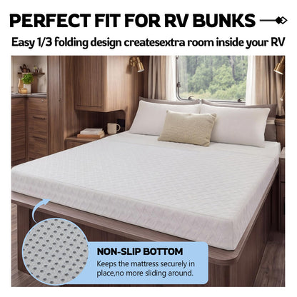 Novabright 1/3 Folding RV Short Queen Mattress, 75" × 59" × 6" Bifold Memory Foam Mattress with High Resilience Support, Breathable Cover & Zipper Non-Slip Bottom for RV Camper Trailers