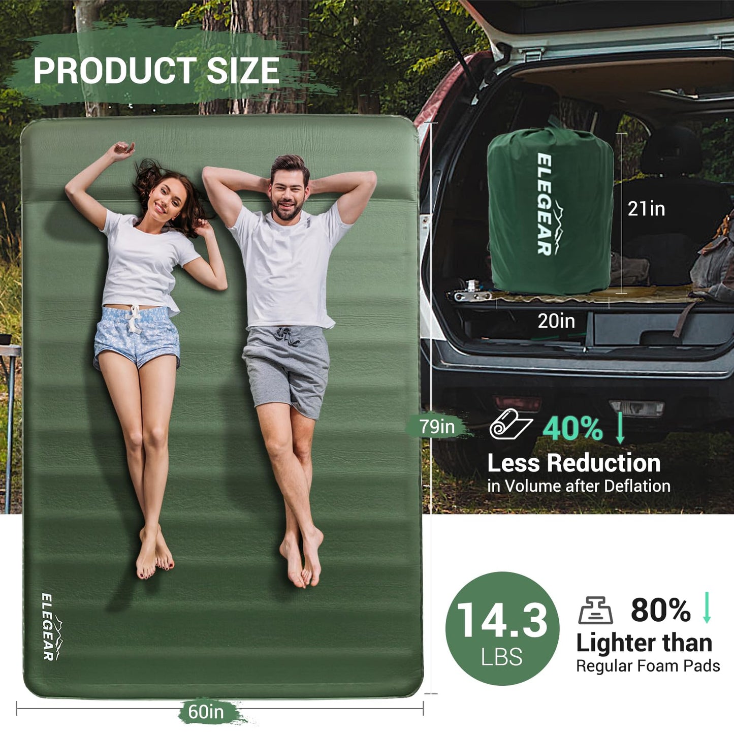 Elegear CumbreX™ Air & Foam Self Inflating Sleeping Pad, Built-in Electric Pump 4" Ultra-Thick Memory Foam Camping Mattress with Pillow Double Camping Pad 4-Season R-Value 9.5 Camp Mat - Gueen