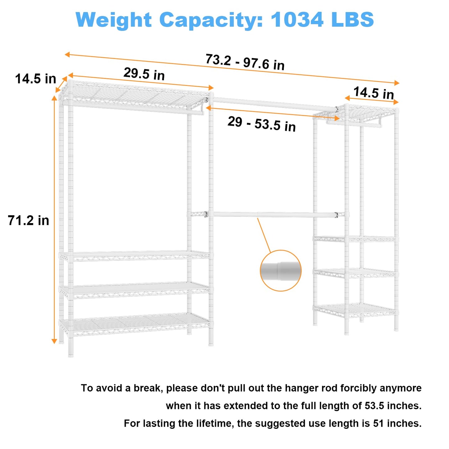 Ulif E11 Heavy-Duty Garment Rack, Metal Freestanding Clothes Rack and Closet Storage Organizer with 8 Shelves and 4 Hanger Rods, (73.2-97.6)" W x 14.5" D x 71.2" H, Load 1034 LBS, White