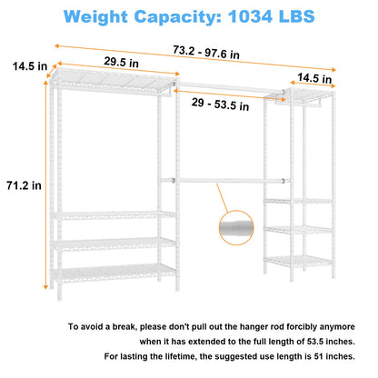 Ulif E11 Heavy-Duty Garment Rack, Metal Freestanding Clothes Rack and Closet Storage Organizer with 8 Shelves and 4 Hanger Rods, (73.2-97.6)" W x 14.5" D x 71.2" H, Load 1034 LBS, White