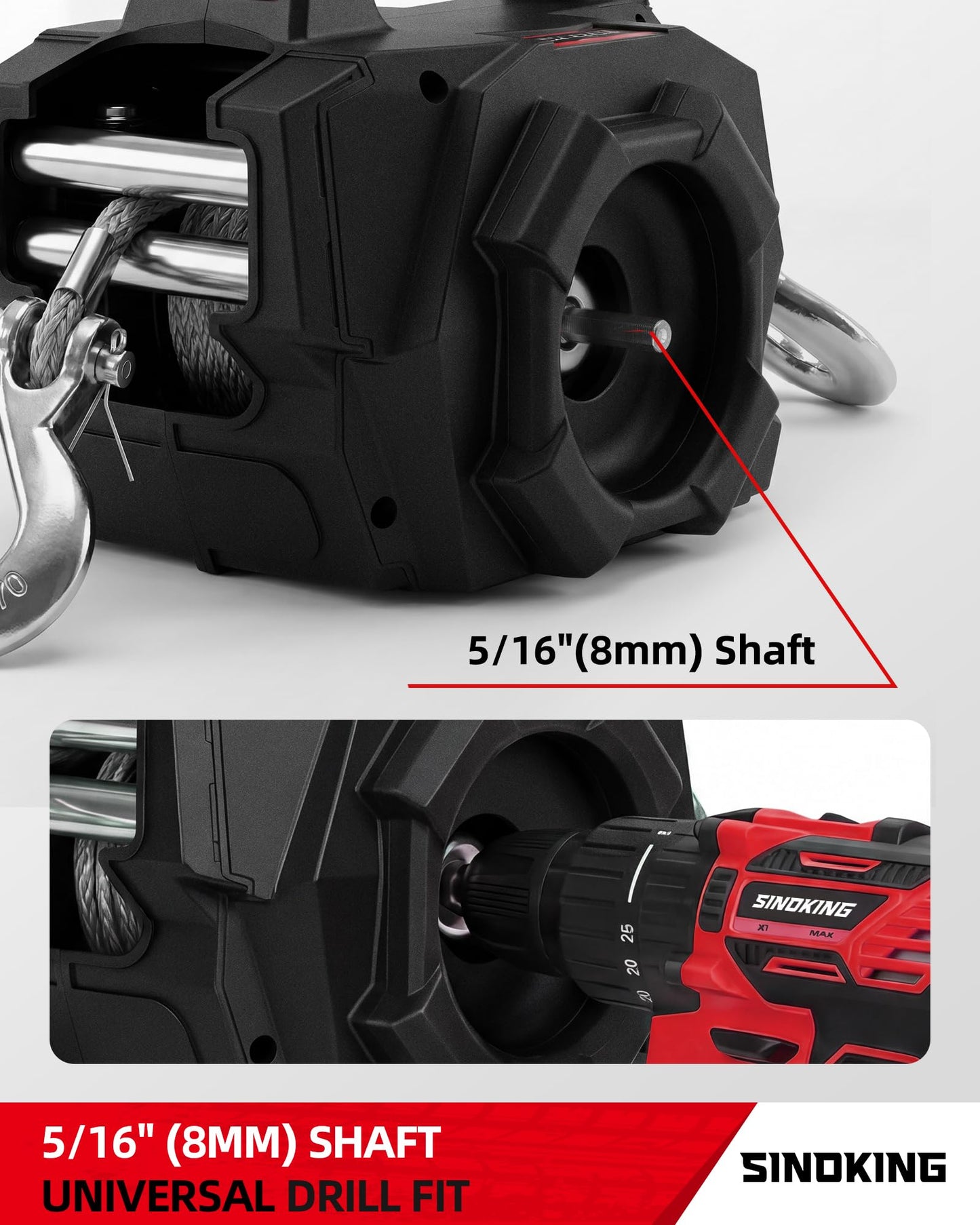 SINOKING 1500 LB Portable Winch, Drill Winch with Universal Drill Fitment, 40 ft Synthetic Rope, Free-Spool Clutch, 360° Swivel Hook for ATV, Farm, Rescue and Trailer Use